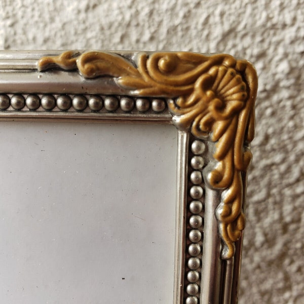 Vintage 5 x 7 Silver Metal PICTURE FRAME with Fancy Gold Corner Details and an Etched  Surround