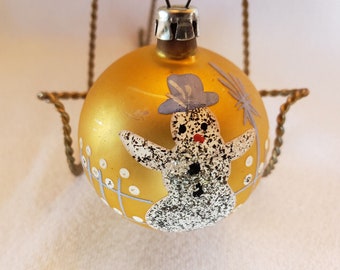 Vintage Mercury Glass Christmas Ornament In Gold with a Hand Painted SNOWMAN. 2.5" Long