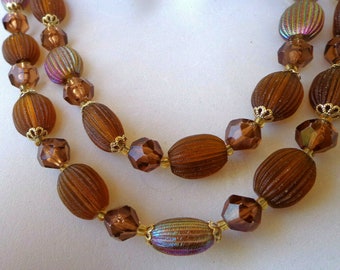 Vintage 2 Strand  Necklace - Made of Chunky Lucite Beads in Rootbeer Brown