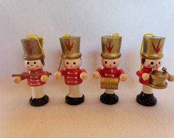 Set of 4  WOODEN CHRISTMAS ORNAMENTS - Marching Band, Drums, Conductor ++. 3" Tall