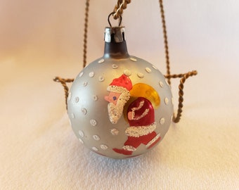 Vintage Mercury Glass Christmas Ornament In Silver with a Hand Painted SANTA and SNOW.  2.5" Long