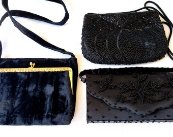 Lot of 3 Vintage Evening Bags in Black.  2 Beaded, 1 Velvteen. Circa 1950s - 60s. All with Shoulder Staps -