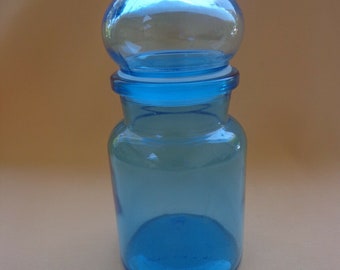 Vintage Blue Apothecary Glass Jar with a Bubble Top. Made in Belgium. 6”Tall