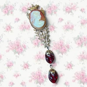 Florenza Style Shell Cameo Brooch with Ruby Red Art Glass Dangles Romantic Statement Brooch 4” Long