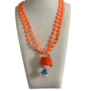 Vintage Kiddle Clone Doll Necklace, Orange Beaded Strand, Floral Accent, Winters' Daughter Original