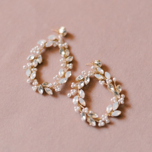 Opal Vine Wire Wrapped Bridal Earring |white opal bridal jewelry, wedding earrings hoop bridal earrings rhinestone earrings EMERSON