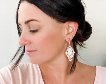 White Crystal and Opal Bridal Earrings, Swarovski Rose gold Earrings, Wedding Earrings, Ivory Earrings, rose gold or silver APRIL