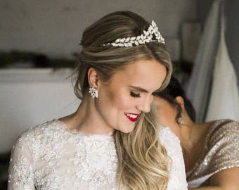 White Opal Bridal Tiara, wedding tiara, wedding headband, statement tiara, leaf tiara, swarovski navette headpiece, wedding opal tiara