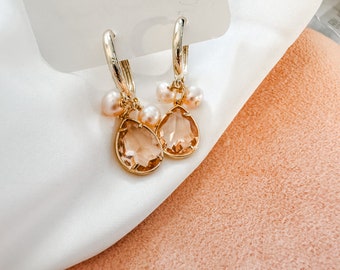 Gold Blush Dangly Earrings | bridal or bridesmaid Rhinestone 14kg hoops BLUSHED