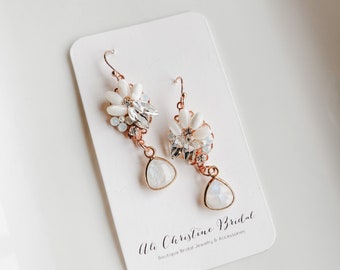 Rose Gold floral accent inspired earrings for bride or bridesmaid or special occasion wear | spring wedding earrings opal
