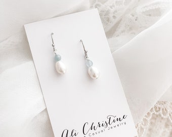 Freshwater Pearl earrings with natural sapphire gemstone bead accent, pearl earrings bridesmaids or brides earrings SOPHIE