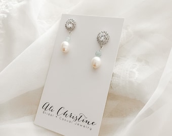 Freshwater Pearl earrings with natural sapphire gemstone bead accent, pearl earrings bridesmaids or brides earrings SADIE