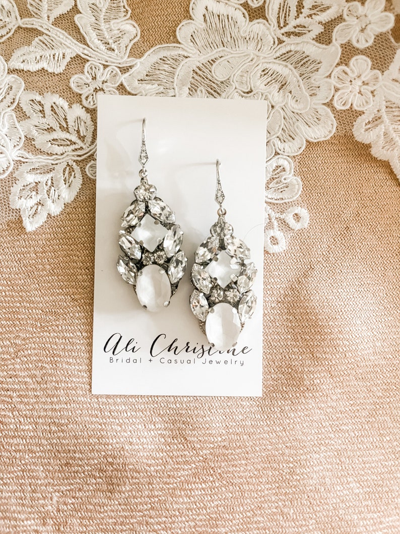 Bridal Earrings White Ivory Statement Wedding Earrings Crystal Earrings Gold or Silver Earrings earrings for bride FLYNN image 3