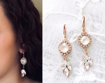 Crystal Rose Gold Earrings | Boho Bridal Earrings | Ivory Nude Leaf Swarovski Rhinestone Earrings | Wedding Earrings | Bridesmaid | ARLOW