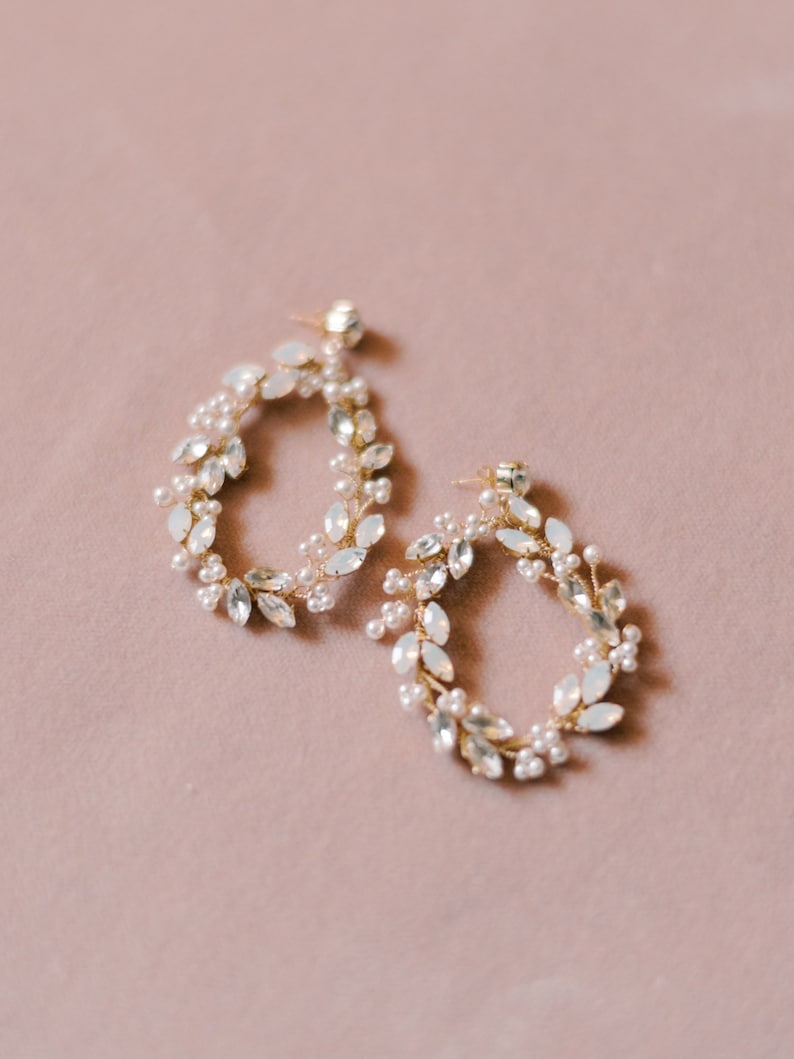Opal Vine Wire Wrapped Bridal Earring white opal bridal jewelry, wedding earrings hoop bridal earrings rhinestone earrings EMERSON image 1