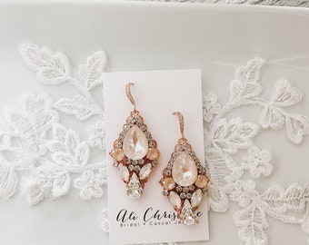 Rose Gold Bridal Earrings: Blush Opal Swarovski Crystal Wedding Jewelry