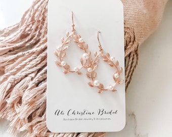 Pearl Bridesmaid Earrings Rose Gold Silver or Gold finish | bridal party gifts | ivy laurel leaf earrings VALERIE PEARL Earrings