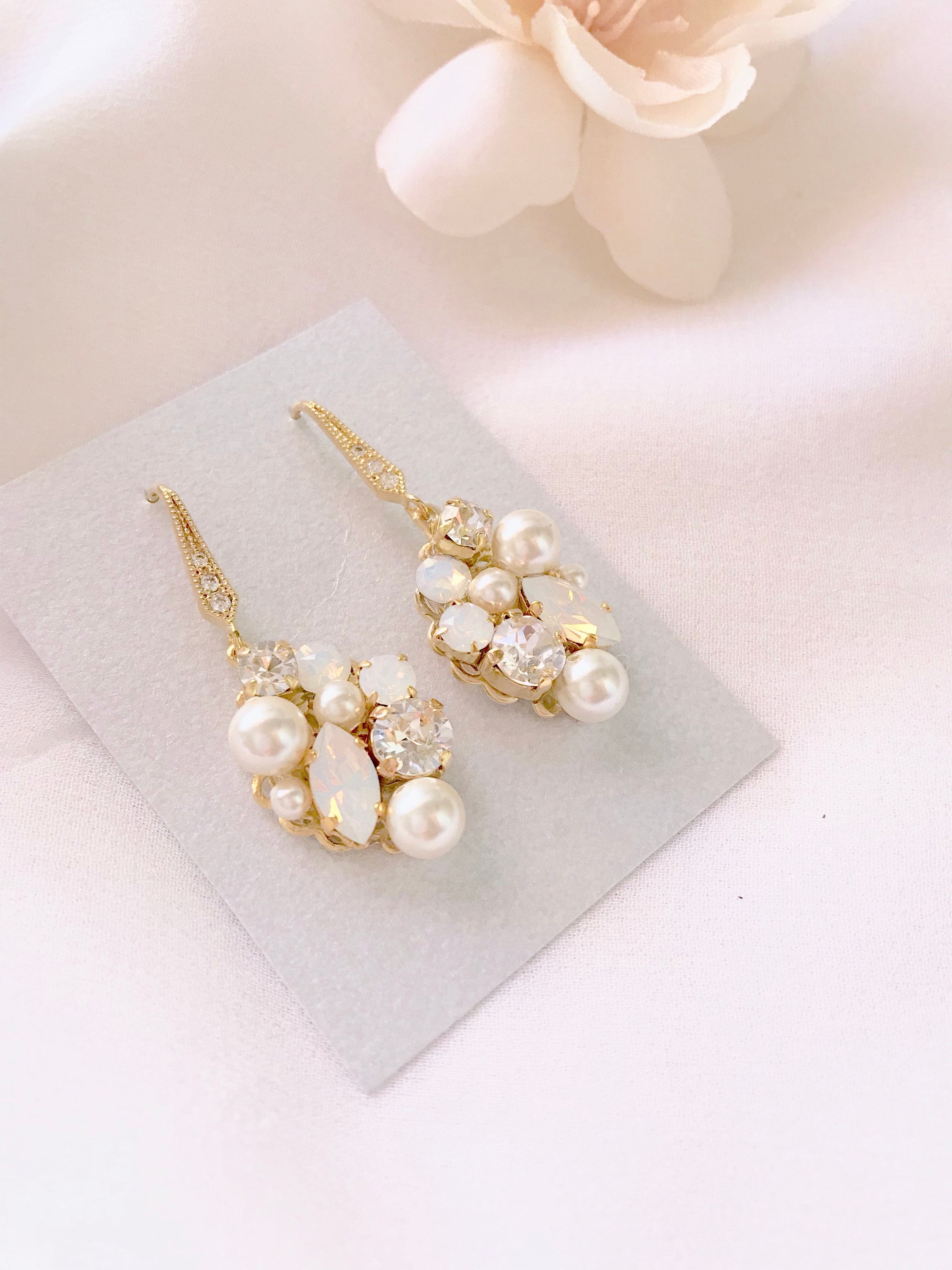 Gold bridal earrings Gold Pearl earrings Swarovski Wedding | Etsy
