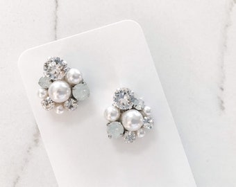 Crystal Pearl Stud Earrings, White Opal Earrings, bridal stud earrings, pearl studs, opal earrings, bridal jewelry, wedding jewellery NADIA