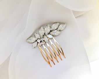 White Opal and Gold Rhinestone Hair Comb , small bridal comb, small rhinestone hair xomb, white opal hair pin,  opal hair accessories JOVIE