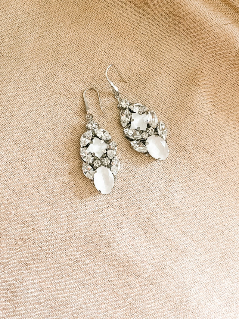 Bridal Earrings White Ivory Statement Wedding Earrings Crystal Earrings Gold or Silver Earrings earrings for bride FLYNN image 2