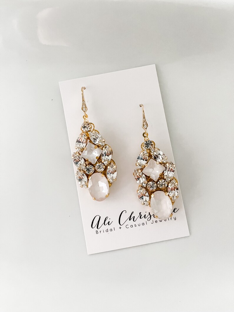Bridal Earrings White Ivory Statement Wedding Earrings Crystal Earrings Gold or Silver Earrings earrings for bride FLYNN image 1