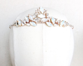 Rose gold tiara, White Opal Bridal Tiara, wedding tiara, wedding headband, statement tiara, leaf tiara, swarovski navette head piece