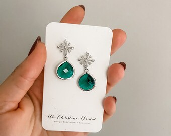 Emerald Green Snowflake Earrings | emerald color earrings - winter bride or holiday party earrings / date night / christmas earrings