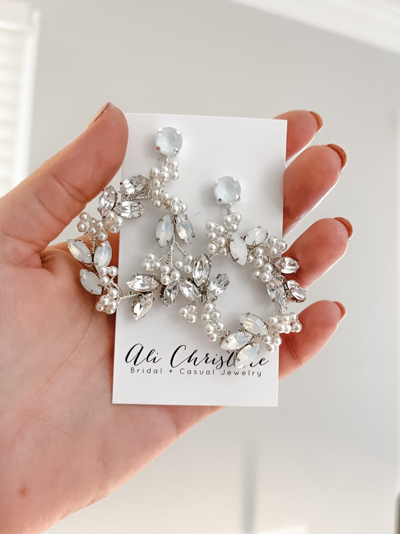 Opal Vine Wire Wrapped Bridal Earring white opal bridal jewelry, wedding earrings hoop bridal earrings rhinestone earrings EMERSON image 5