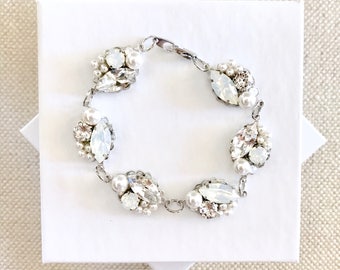 White Opal Bracelet, White Opal Wedding Bracelet, silver rhinestone bridal bracelet, something blue, pearl wedding jewelry, SOPHIA