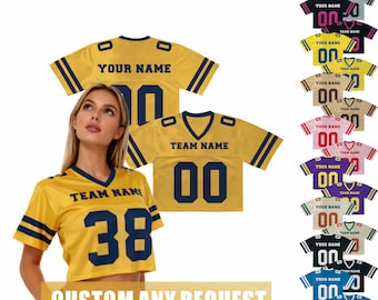 Custom Crop Football Jersey, Personalized Embroidered Jerseys ,Customize Navel-baring for Cheerleading, Yellow Glitter Women Short Jersey