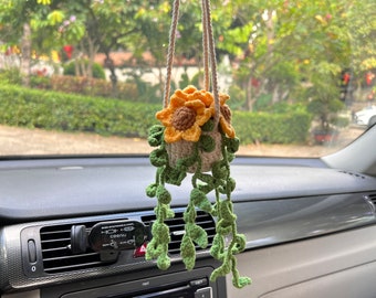 Crochet Sunflower, Car Plant Hanging, Sunflower Plant, Car Mirror Hanging Accessories, Crochet Flower, Gift for Mom, Gift for Her