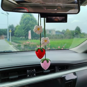 Crochet Strawberry, Crochet fruit, Car Hanging, Handmade Strawberry, New Car Gift, Gift for Her, Rear View Mirror Accessory
