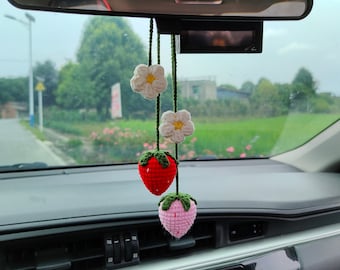 Crochet Strawberry, Crochet fruit, Car Hanging, Handmade Strawberry, New Car Gift, Gift for Her, Rear View Mirror Accessory