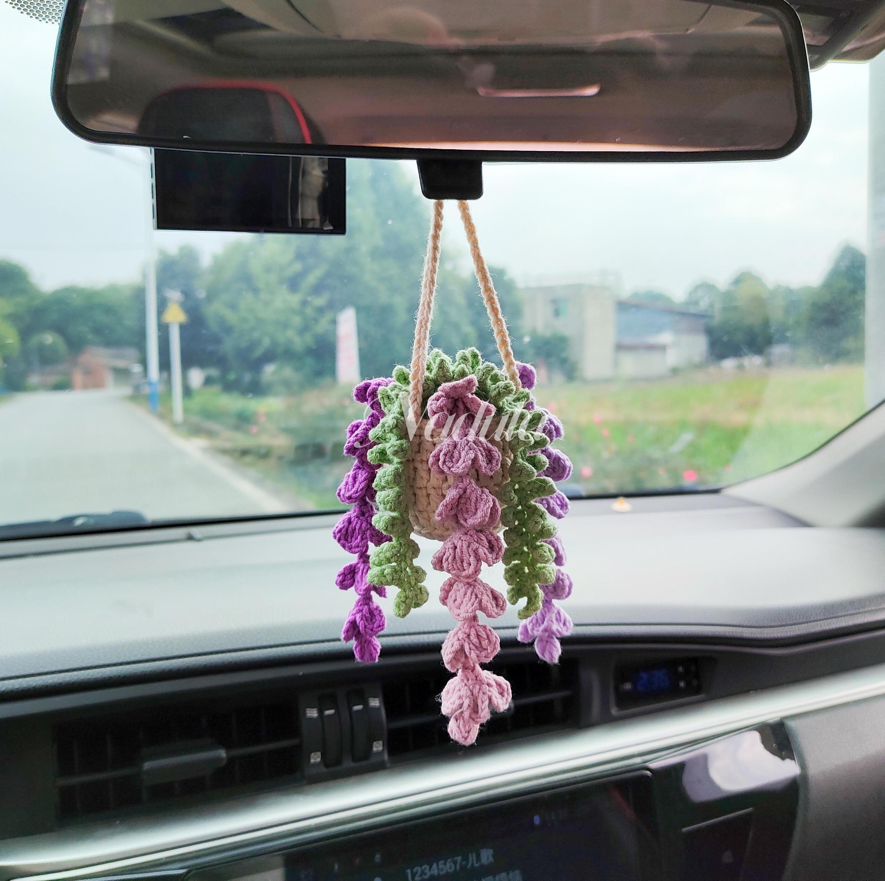 Crochet Wisteria, Car Mirror Hanging, Purple Flower, Wall Hanging