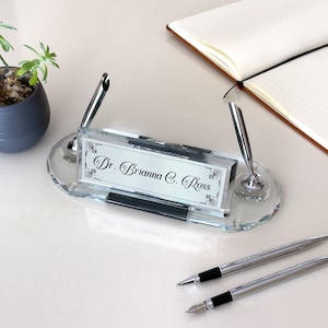 Personalized Crystal Desk Name Plate with Clock & Pens - Silver Office Name Tag