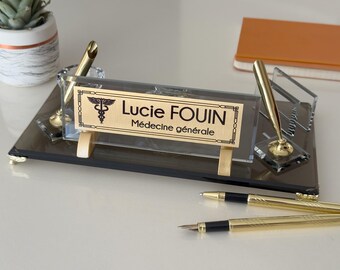Custom Glass Desk Name Plate with Pen & Business Card Holder