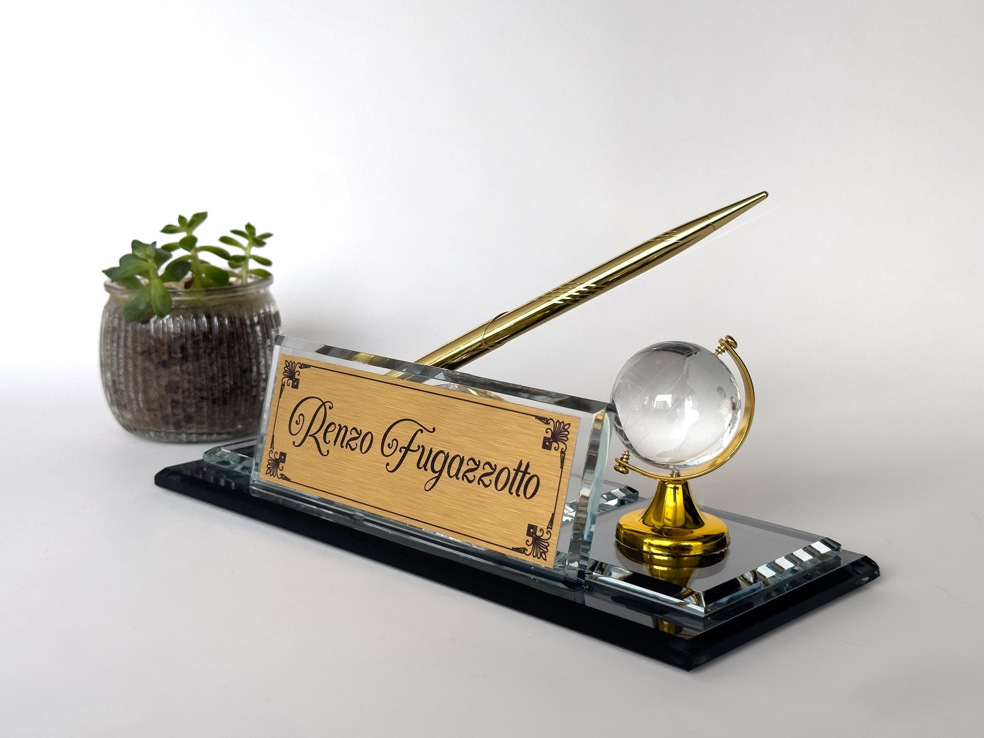 Custom Crystal Globe Desk Nameplate: Personalized Office Gift