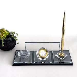 Personalized Crystal Desk Organizer Set: Name Plate, Pen & Mini Tray