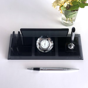 Placa de identificación y bolígrafo de cristal negro personalizados para escritorio / Juego de escritorio de cristal personalizado con tarjetero, placa de identificación de cristal negro