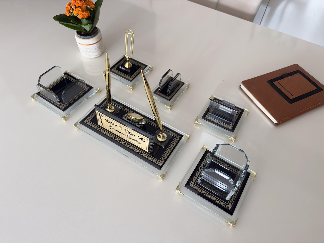 Luxury Crystal Glass Desk Set, Gold Accents, Personalized Name Plate - Etsy