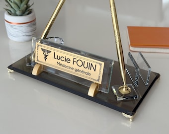 Custom Glass Desk Name Plate with Pen & Business Card Holder