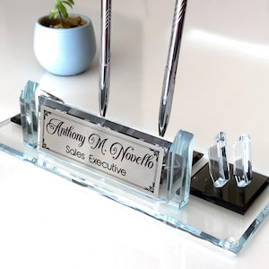 Elegant Silver Touch | Luxury Glass Desk Nameplate with Business Card Holder & Clock