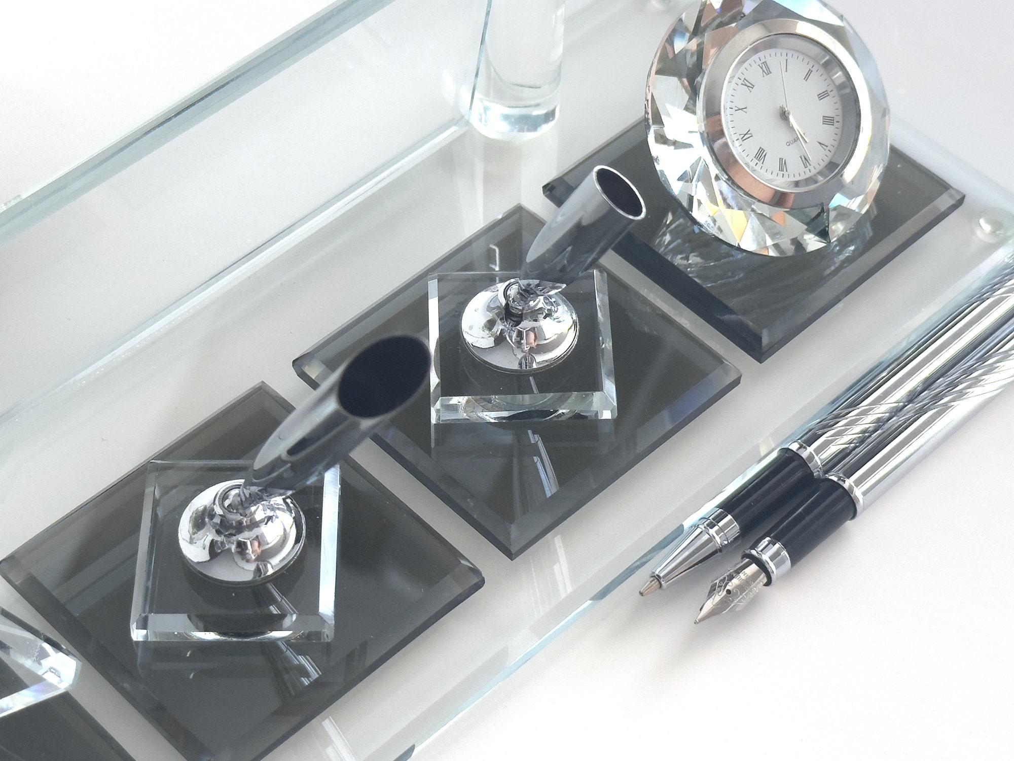 Custom Desk Organizer Set Silver Plate | Personalized Crystal Desk Set ...