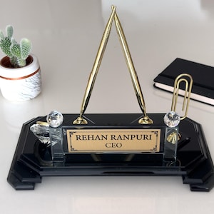 Personalized Black Glass CEO Desk Organizer Set: Custom Name Plate & Pen Holder