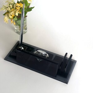 Black Glass Desk Name Plate with Clock, Pen & Card Holder - Handmade Office Gift