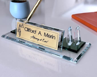 Personalized  Attorney at Law Desk Nameplate: Lady of Justice Logo, Clock, Pen and Card Holder