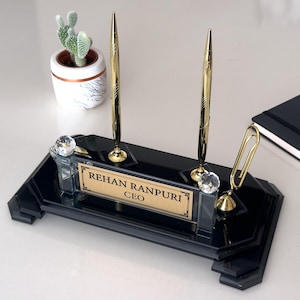 Personalized Black Glass Desk Organizer Set: Custom Office Decor