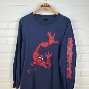 Vintage jaren 90 The Amazing Spiderman Sleeve Spell Out Cartoon Changes T-shirt met lange mouwen, maat L