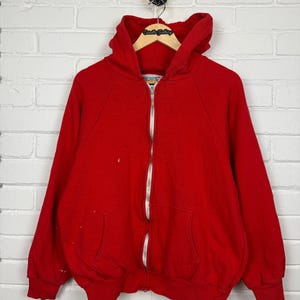 vintage des années 80 Lifetrends Thermique Doublure Blank Full Zip Hooded Sweatshirt Taille L Rouge